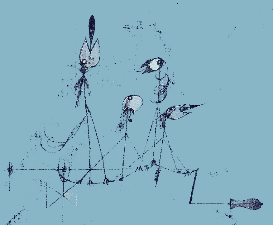 A blue-toned line drawing of four bird-like figures perched on a wire, connected to a hand crank.